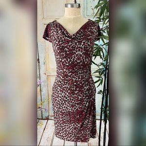 Nine West Brown & Red Leopard Faux Wrap Ruched Dress